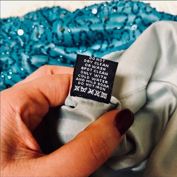 ADRIANNA PAPELL Turquoise Silk Beaded Ball Gown Maxi Floor Length Formal Dress 4 - Picture 8 of 8